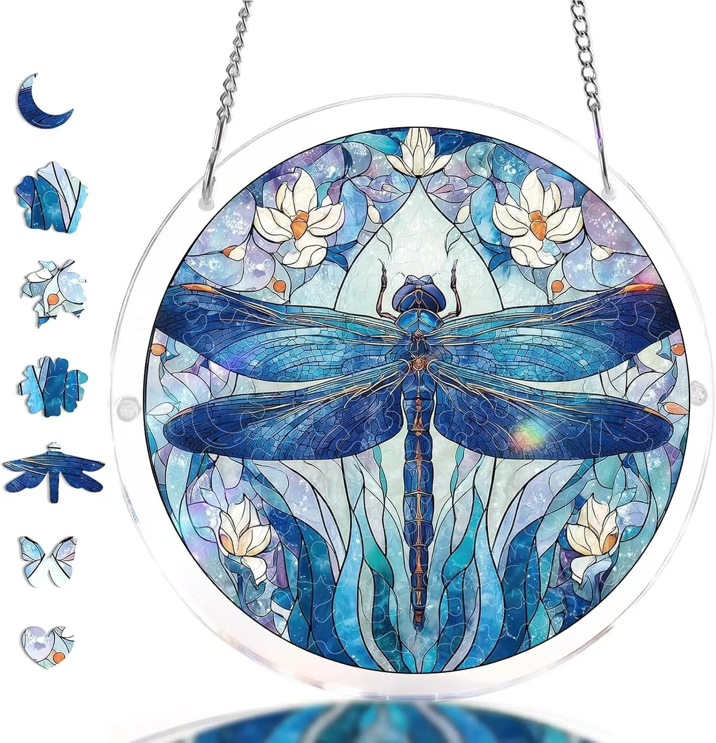 Acrylic Jigsaw Puzzle Suncatcher-Blue Dragonfly & Water Lily, Suncatcher Puzzle Kit Window Hanging,Room Home Garden Decor,Stained Glass Puzzle,Mom Birthday Gifts for Women Wife(7.3in)