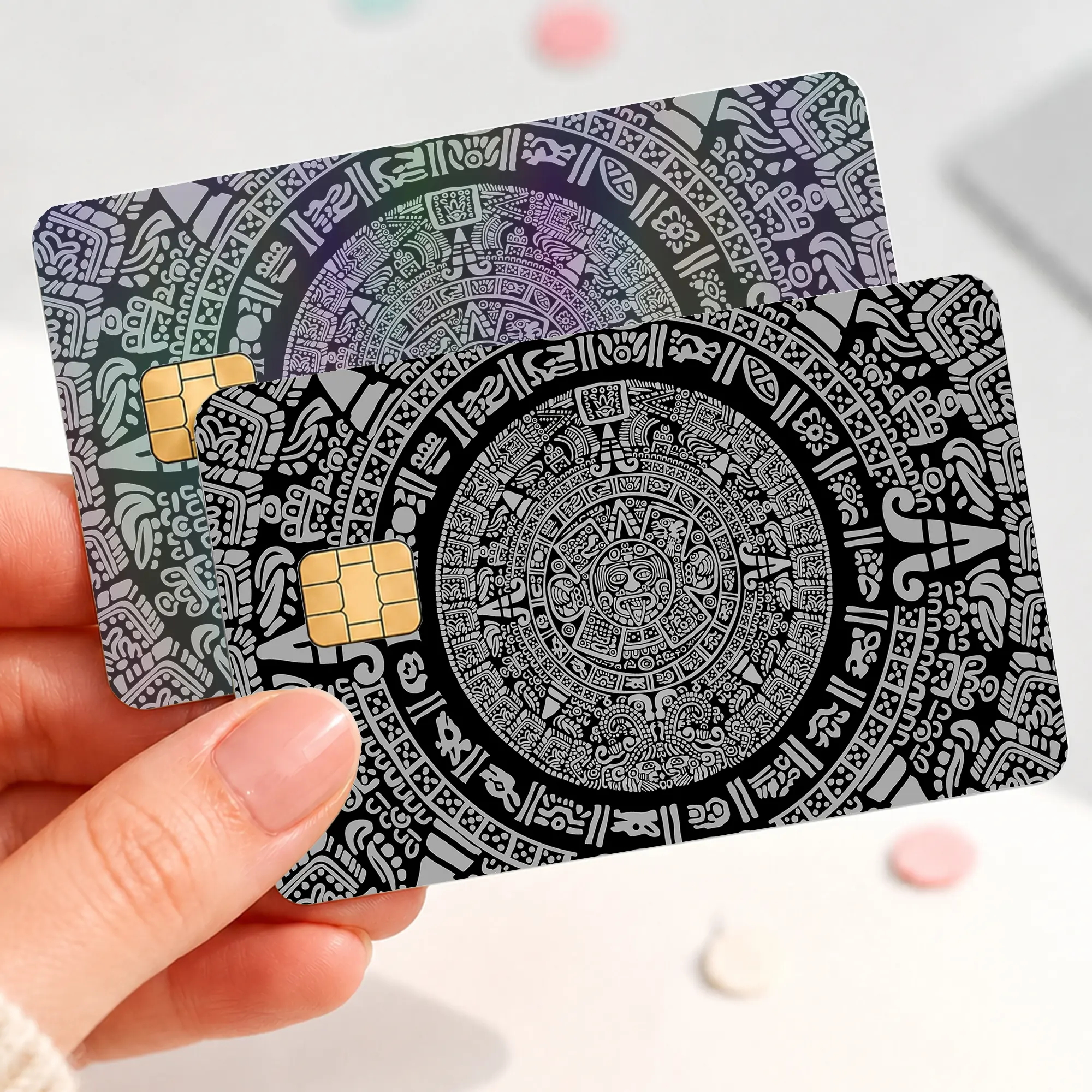 Aztec Calendar Card Skin Sticker, Black Silver Tribal Pattern Bank Card Cover Decal, Peel and Stick Debit Card Skin