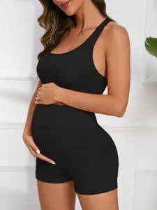 Maternity Solid Ribbed Sports Bra & Shorts Set, Casual Comfy Breathable Seamless for Yoga Gym Workout, Maternity Clothes for All Seasons, Maternity Outfits, Maternity Clothing