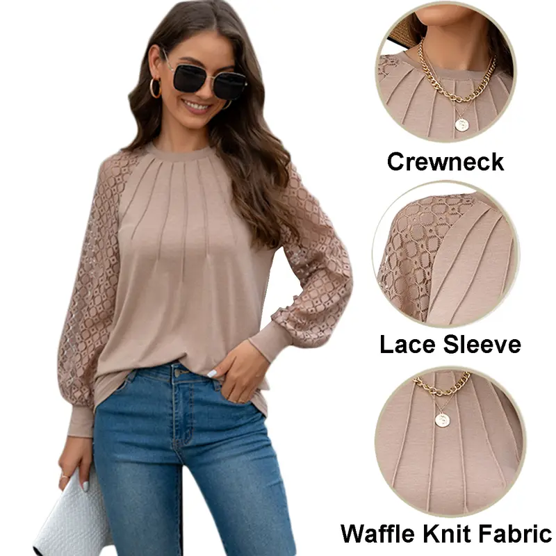 Women's Basic Casual Fitted Knitwear - Contrast Lace, Half Buttons, Crewneck, Raglan Long Sleeves, Quick Styling, Chic Knit Look Elevates Casual Days, Office-Weekend Wear, Spring-Fall Daily Top