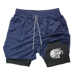 "Ball Don't Lie" Basketball Men's 2-in-1 Double Layer Drawstring Gym Shorts, Stretchy Quick Dry Athletic Training Shorts