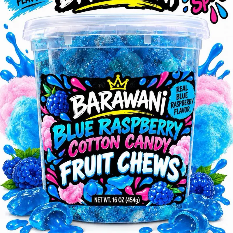BARAWANI Blue Raspberry Cotton Candy Fruit Chews - Sweet, Sour Flavor - 16 oz