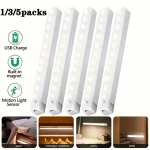Chargeable LED Closet Light Strip with Motion Sensor, No-Drill Installation, Energy-Saving Night Lamp for Kitchen Cupboard Stairs