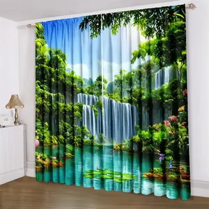 Mountain & River Pattern Curtain, 2 Counts Natural Scenery Pattern Curtain, Home Decorative Curtain for Living Room Bedroom Study Room, Window Curtain, Home Decoration Curtain