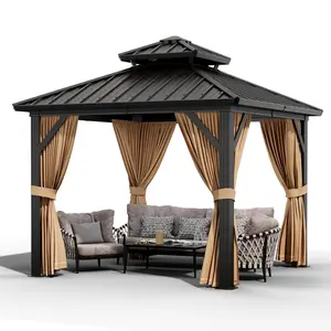 10x10 ft Double Roof Hardtop Gazebo, Heavy Duty Galvanised Steel Hardtop Pavilion with Nettings and Curtains, Metal Roof Gazebo for Patio, Terrace, Lawn and Deck, Brown