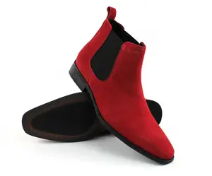 Men's Real Suede Red Chelsea Boots Ankle High Pull On Round Toe Slip Resistant Block Heel AZARMAN