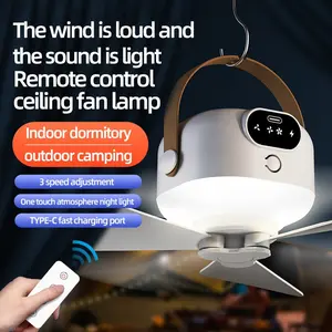 Rechargeable LED Light Hanging Fan with Remote Control, Portable Battery Powered Fan, USB Suitable for Camping, Dormitory, Home