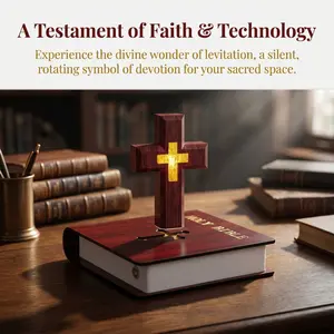 Magnetic Levitation Bible & Cross Lamp Floating LED Christian Desktop Decor Light with Wood-Grain Base Religious-Themed Room Decor Gift