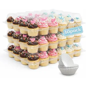 (24 Count x 10 Sets Plastic Cupcake Containers with Liners, Clear Cupcake Holder with , Disposable Cupcake Carrier for Bakery, Cupcake Storage Box for Parties, Bake  Packaging