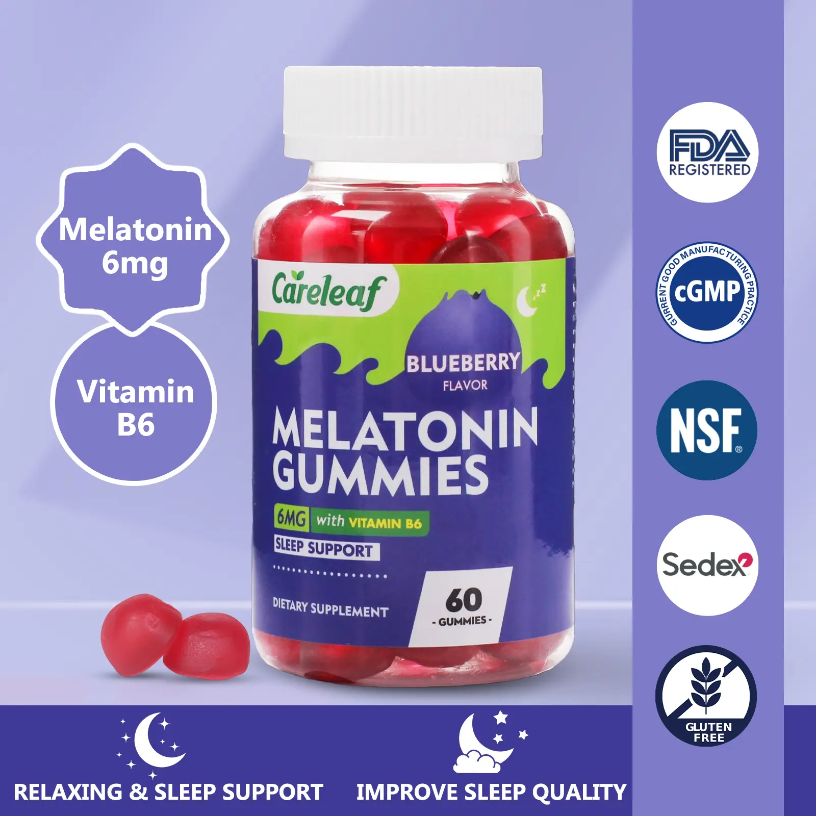 Careleaf 3 Bottles Vegan Dietary Dreamy Sleep Natural Nighttime Gummies-6mg Melatonin & VitaminB6 Gummies for Deeper Sleep-60 Cts-Blueberry Flavor