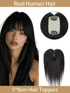 One Piece Human Hair Toppers Invisible Breathable Lace 5x9cm 2 Clips 20-35CM Natural Soft Realistic Thin Hair for Women Daily Use Cover Gray Hair Enhance Effect