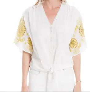BRAND NEW Max Studio Women's Embroidered Short Sleeve Cotton Woven Top