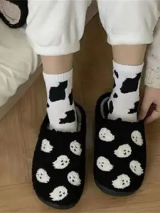 Halloween Women's Elf Plush Slippers, Non-Slip Indoor Home Shoes, Fashionable Fall & Winter Textile Footwear, Cartoon Pattern, Rubber Sole