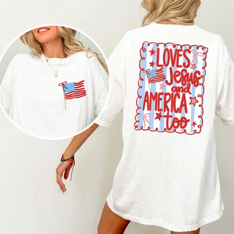 Women's Christian Patriotic Apparel - Comfort Colors Cute Oversized Casual T-Shirt with USA Flag, Jesus Back Print, Fabric, Fashion, Everyday, Matching, Loose, Lady