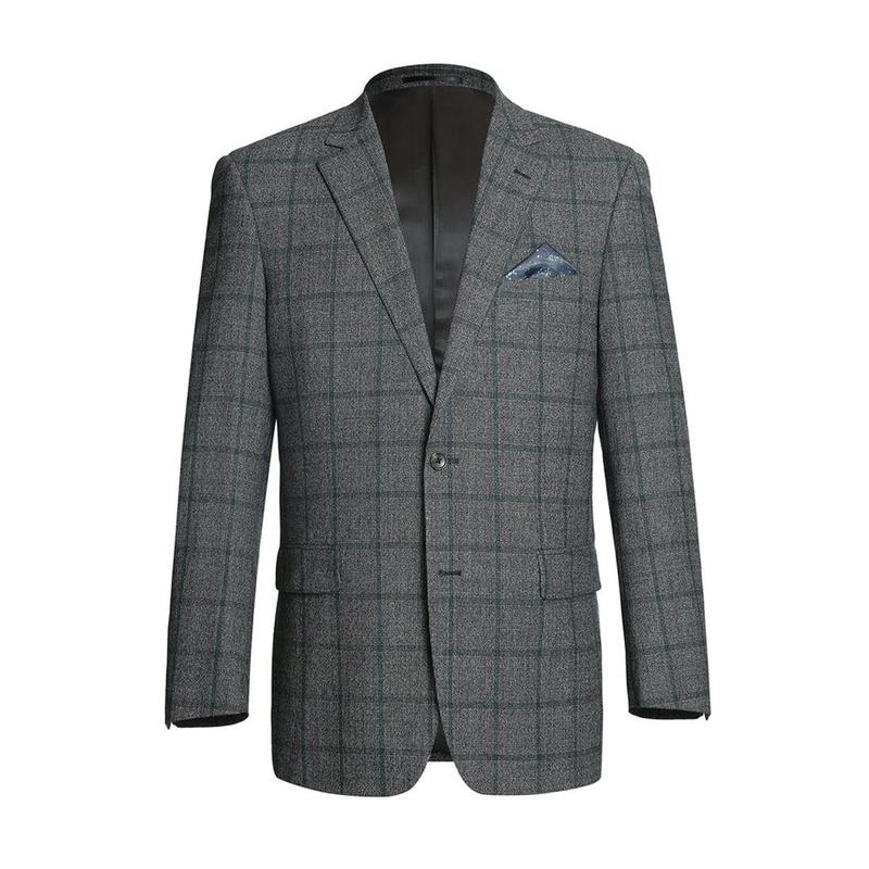 Mens Two Button Classic Fit Wool Sport Coat Blazer in Brown & Olive Gren Windowpane Plaid