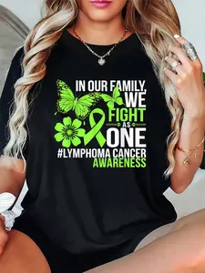 100% Cotton Unisex Green Ribbon Lymphoma Cancer Awareness We Fight As One T-Shirt -Short Sleeve T-Shirt Women's Men's Graphic Tee Causal Tops