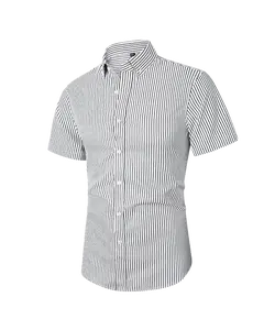 Men's 1-Pack Slim Fit Vertical Stripe Oxford Shirt - Smooth Fabric, Short-Sleeve, Buttoned Collar, Business Casual Office Garment, Menswear Top