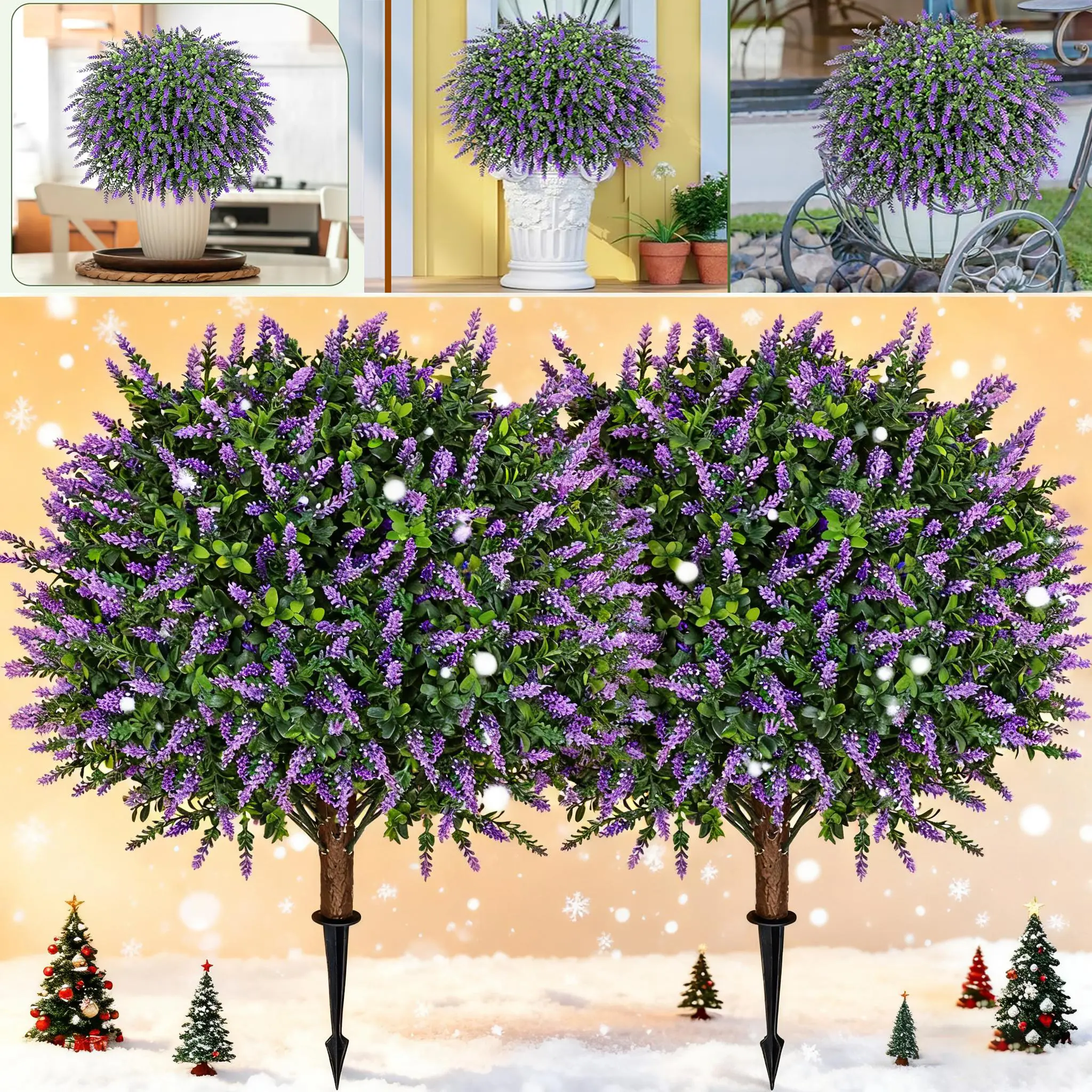DLDA 24 Inch Boxwood Topiary Balls with Lavender 2 Pack UV Resistant Fade-Proof Artificial Outdoor Plants, All Season No Maintenance Fake Greenery with Ground Spike & Garden Tools For Front Porch Patio Farmhouse Home Decor