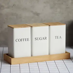 1 Set Storage Containers with Bamboo Lids Metal Food Storage Jars for Tea Coffee Spices Candies Kitchen Organization