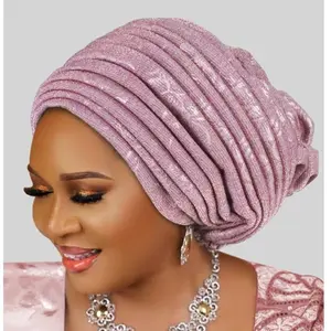 Nigerian Wedding Headgear Glitter Turban Cap Women Pleated Headscarf Hijab Bonnet African Auto Gele Headties Head Wrap Headwear