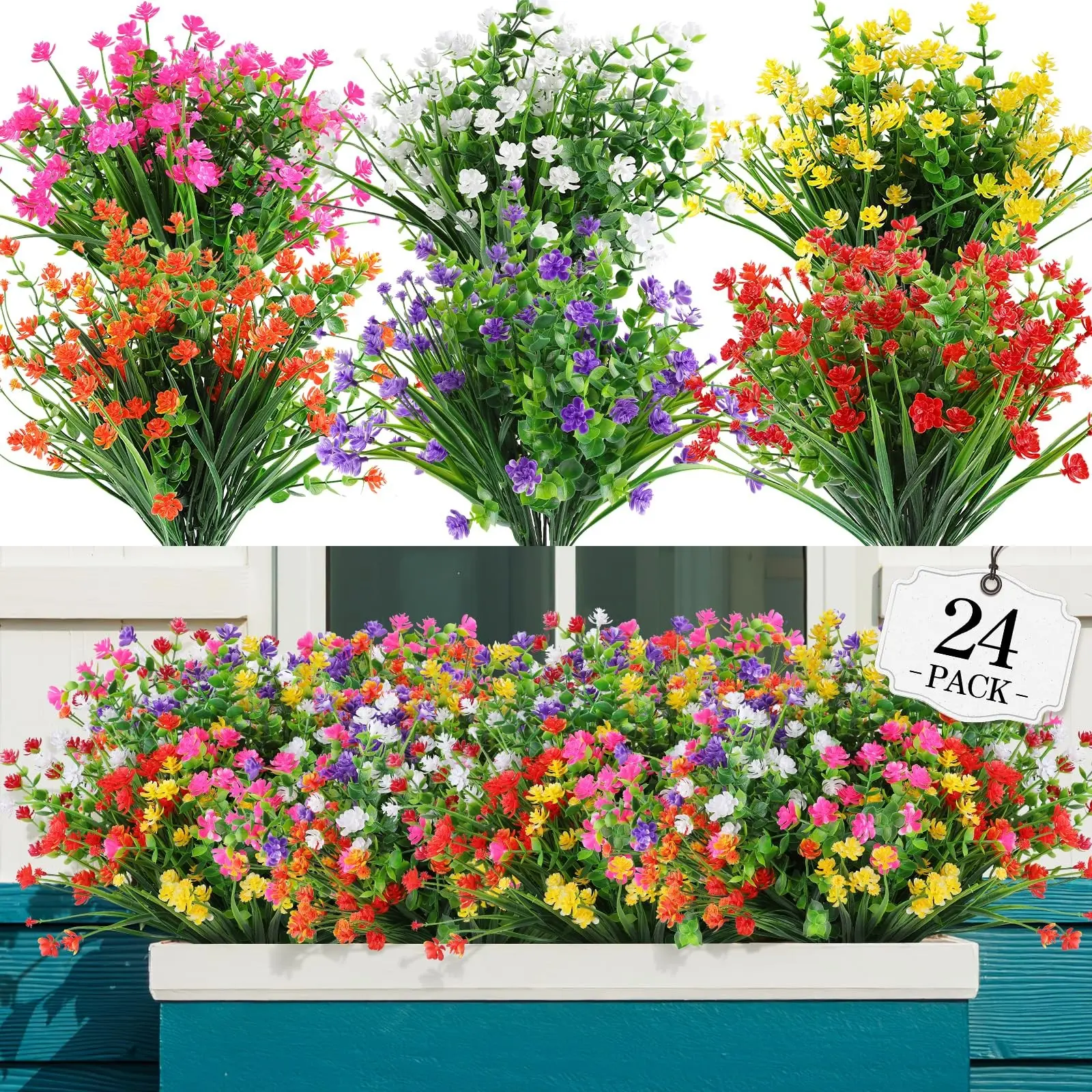 24 Bundles Artificial Flowers Outdoor, No Fade Fake Plastic Flowers, Faux Plants for Decoration, Decorative Flowers, Artificial Flower Arrangement, Hanging Planters, Indoor & Outdoor