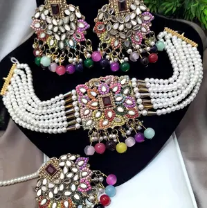 Multi Colored Choker Necklace Tika Earrings Jewelry Set