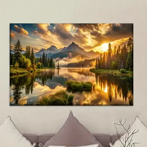 Wooden Framed Canvas Painting Wall Art1 piece of wooden framed canvas wall art Calm Lake and Mountain landscape Abstract painting, suitable for living room, office, bar, library, cafe decoration Mother's Day Wrapped in canvas