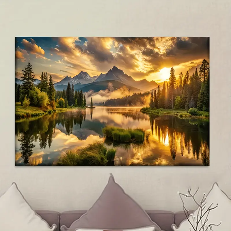 Wooden Framed Canvas Painting Wall Art1 piece of wooden framed canvas wall art Calm Lake and Mountain landscape Abstract painting, suitable for living room, office, bar, library, cafe decoration Mother's Day Wrapped in canvas