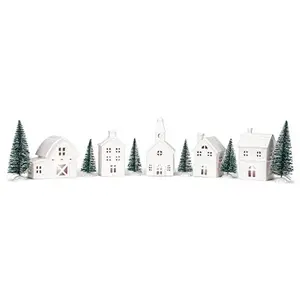White Porcelain LED Christmas Village Set, 11 Piece Lighted Winter Houses with Trees, Battery Operated Holiday Village Decor for Mantel & Tabletop Display