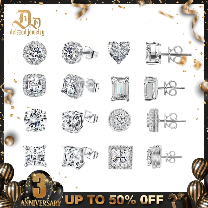 Delzzad 8 Styles Stud Earrings Synthetic Moissanite Stud Earring S925 Studs Perfect Birthday Anniversary Mother's Day Christmas Gifts for Men Women