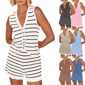 Summer 2-Piece Knit Outfits for Women and Men, Striped Casual Lounge Sets, Sleeveless V Neck Tops with Short Matching Sets, Breathable T-Shirts, Funny Letter Print, Labor Day