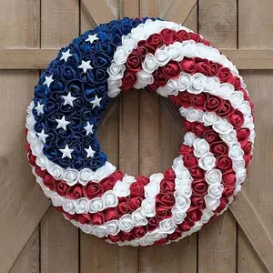 18-Inch Patriotic Round Wreath with Soft-Touch Foam Roses - 4th of July, Memorial Day Artificial Flower Decoration for Front Door, Handcrafted Indoor-Outdoor Home Festive Supply