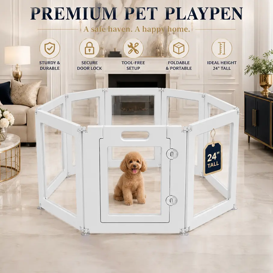 See Through Clear Acrylic Dog Playpen 8 Panel 24 Inch Indoor Puppy Pen with Door Reduce Pet Anxiety Transparent Pet Fence 360 Degree Rotating Connectors Anti Slip Suction Cups for Small Dogs Cats