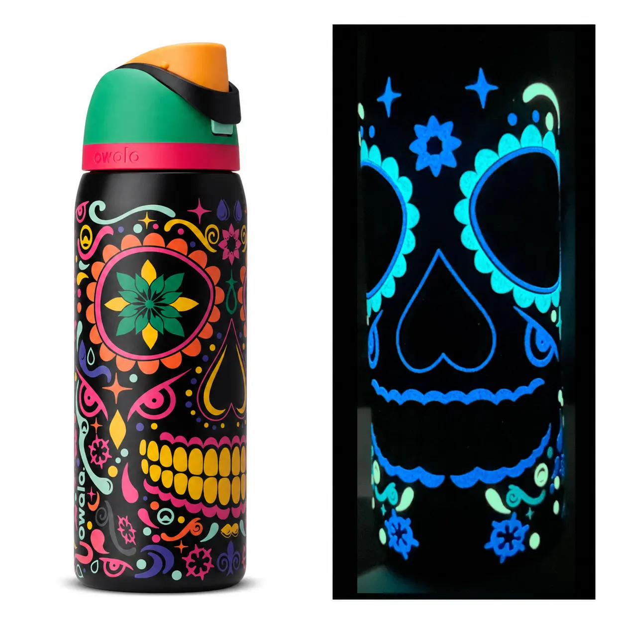 Owala 32oz Glow in the Dark Skull Water Bottle with Straw, Leakproof Insulated Stainless Steel Tumbler for HalloweenGlow-in-the-Dark Sugar Skull Water Bottle with Colorful Design and Secure Lid