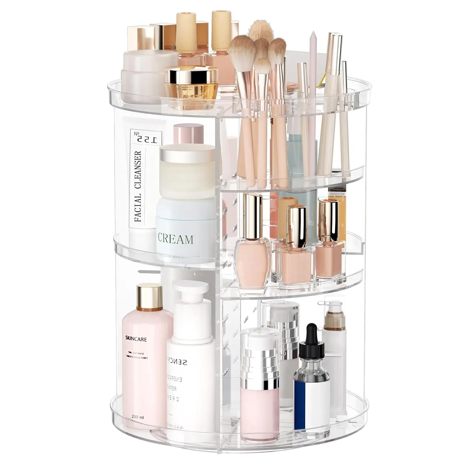 Rotating Makeup Organizer, DIY 8 Adjustable Layers Spinning Skincare Storage, Cosmetic Display Case with Brush Holder and Perfume Tray, Multi-Function Vanity Bathroom Countertop Organizer Clear