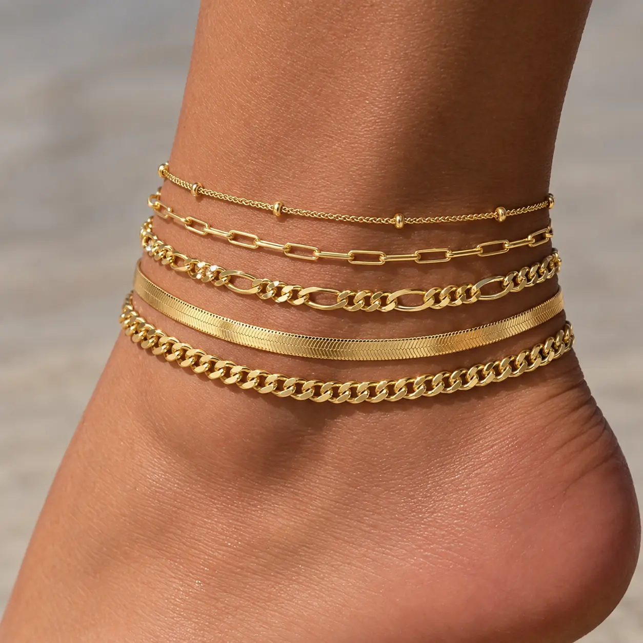 5PCS Gold Anklets for Women, Waterproof Gold Plated Snake Chain, Paperclip, Satellite, Figaro & Cuban Link Ankle Bracelet Set, Dainty Summer Beach Jewelry Fashion Accessory