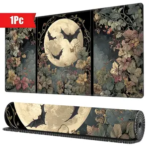 Gothic Enchanted Forest Triptych Moon & Bats Large Gaming Mouse Pad 15.7x35.4inch, Stitched Edges Non - Slip, for Office & Gaming, Vintage Dark Fantasy Gift for Fans