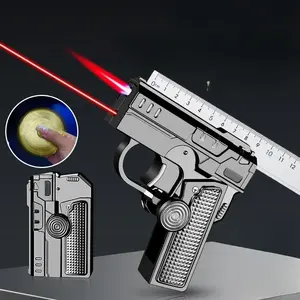 Stylish Metal Folding Gun Gyroscope Butane Lighter with Laser Light - Windproof, Rechargeable, Red Flame Cigar Lighter for Smoking Enthusiasts