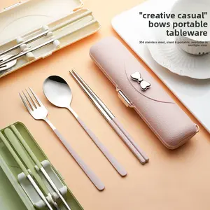 Bow-tie spoon, fork, and chopsticks set for convenience dining.Ideal for students and office workers.Highly stylish 304 stainless steel utensils.
