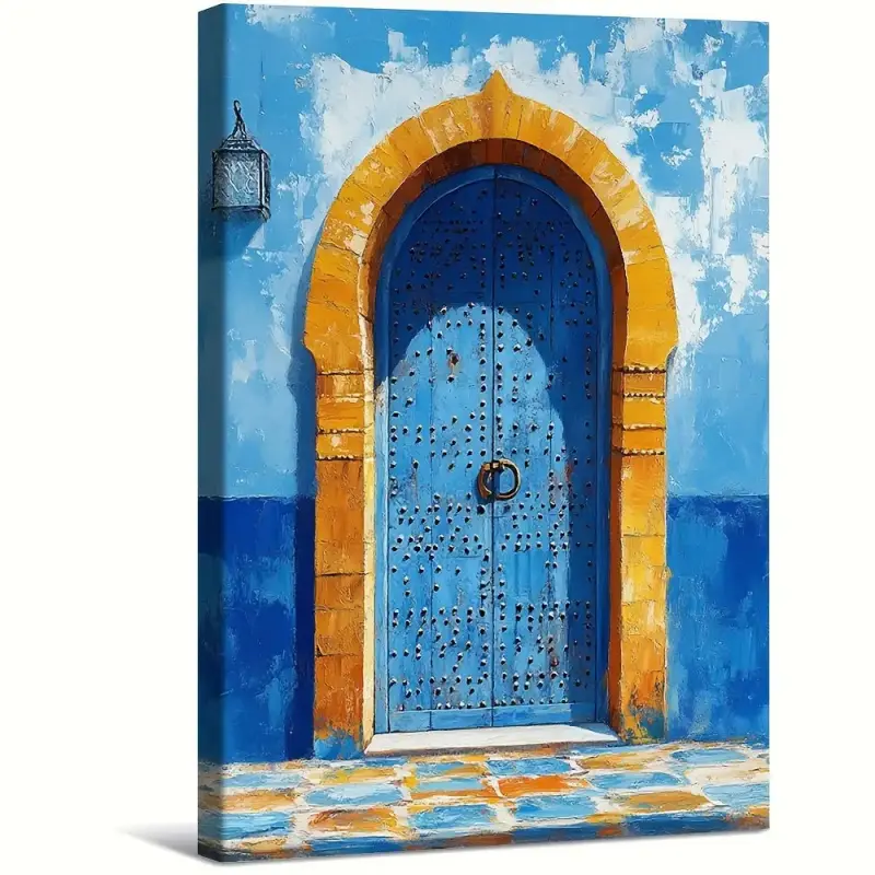 1 Piece Moroccan Door Wall Decoration - Turquoise Blue and Gold Arabic Arch Painting - Modern Moroccan House Door Canvas Art - Wrapped Frame Canvas Print for Living Room, Bedroom, Bathroom - North African Cultural Home Decoration Gift - Indoor Hanging Dec