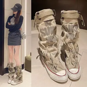 2026 New Trouser Barrel Stacking Boots Graffiti High Top Canvas Shoes Women's Spring Boots Wide Barrel Mid Barrel Boots