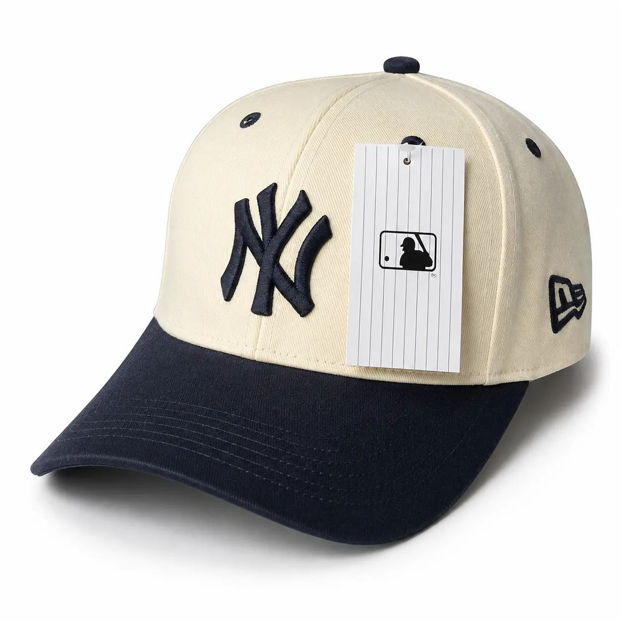 New York Two-Tone Adjustable Baseball Cap – Cream & Navy Embroidered Curved Brim Hat, Classic Streetwear Style for Men & Women
