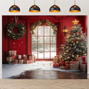 Oversized Polyester Holiday Wall Decor Banner - 1pc Winter Scene Backdrop with Snowy Window, Christmas Tree Ornaments, for Outdoor Home, Festive Party, Birthday Celebrations