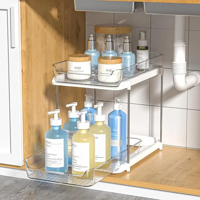 2-Tier Multi-Purpose Bathroom Under Sink Organizers and Storage, Stackable Kitchen Pantry Organization, Pull Out Medicine Cabinet Organizer with Movable Dividers,1 Pack