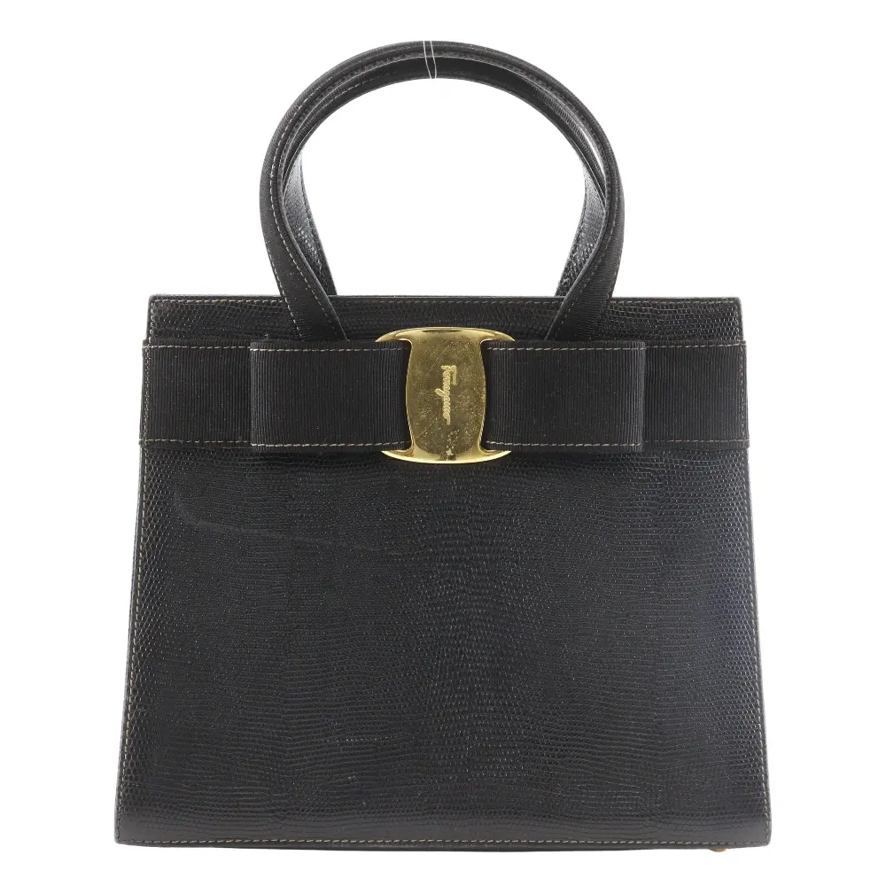 Pre-owned SALVATORE FERRAGAMO Calfskin Shoulder Bags Vara Ribbon Embossed Leather Handbag