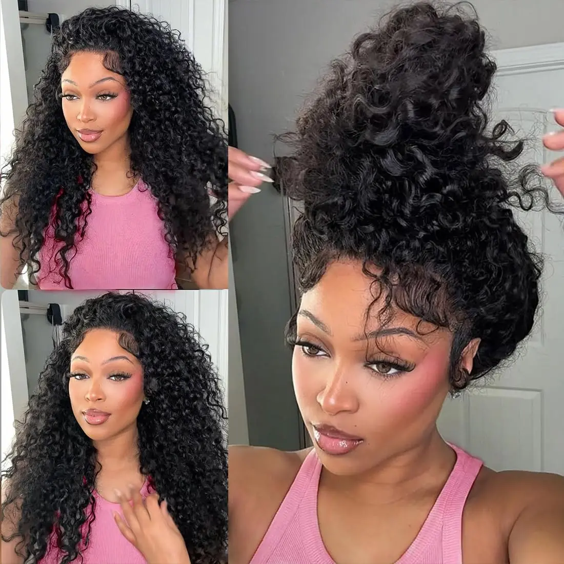 Female Human Hair 360 Lace Front Wig - Hidden Strap, Deep Wave, Glueless, Pre-Cut HD Lace, Drawstring, Pre-Plucked, Bleached Knots, Natural Black 99J Burgundy 4/27 Highlight Ombre, Wigs, Human Hair Wig