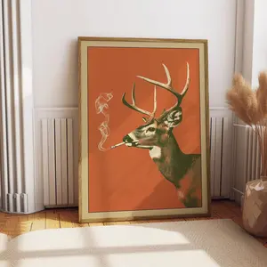 NBHYK Buck Smoking a Cigarette Vintage Poster Art Funny Whitetail Deer Retro Whimsical Print Cabin Wall Decor Outdoor Sports Hunter Illustration Eco-Friendly Material Fade-Resistant Waterproof UV-Protected - Decoration
