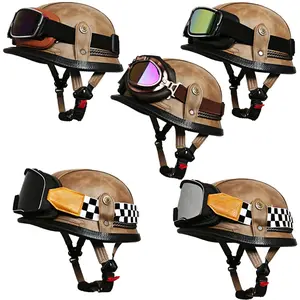 OKCMC German Vintage Leather Half Helmet, Handmade Retro Steel Helmet, UV Protection Lightweight Motorcycle Helmet, All Season for Men Women, Fits ATV, Go-Kart, Off-Road, Mountain Bike & E-Bike Riding