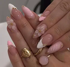 3D Flower Press On Nails, White Almond, Gold Rhinestones