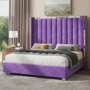 Velvet Upholstered Bed Frame With 58" Tall Channel Tufted Wingback Headboard And Plating Trim – Platform Design, No Box Spring Required
